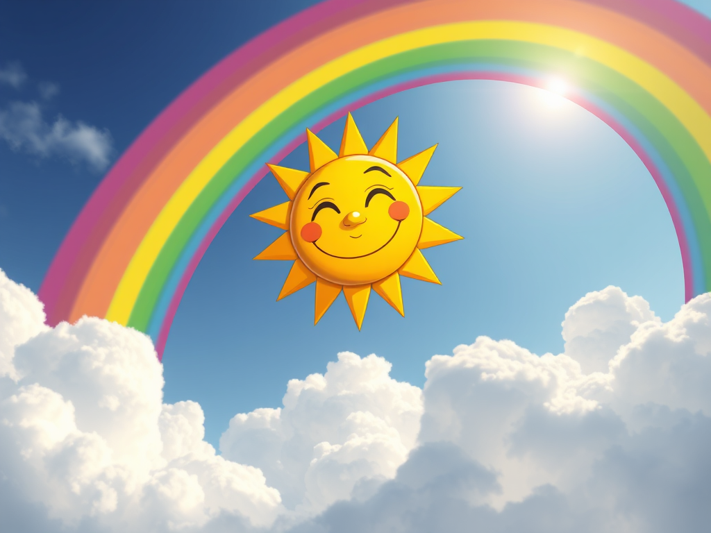 Create a vibrant illustration of a smiling sun with a shining face, arched over a bold, colorful rainbow and fluffy white clouds below, using a high-resolution digital art style, with a camera view set to wide angle, aperture at f/8, ISO 100, and a focal length of 24mm to enhance image quality and brightness.