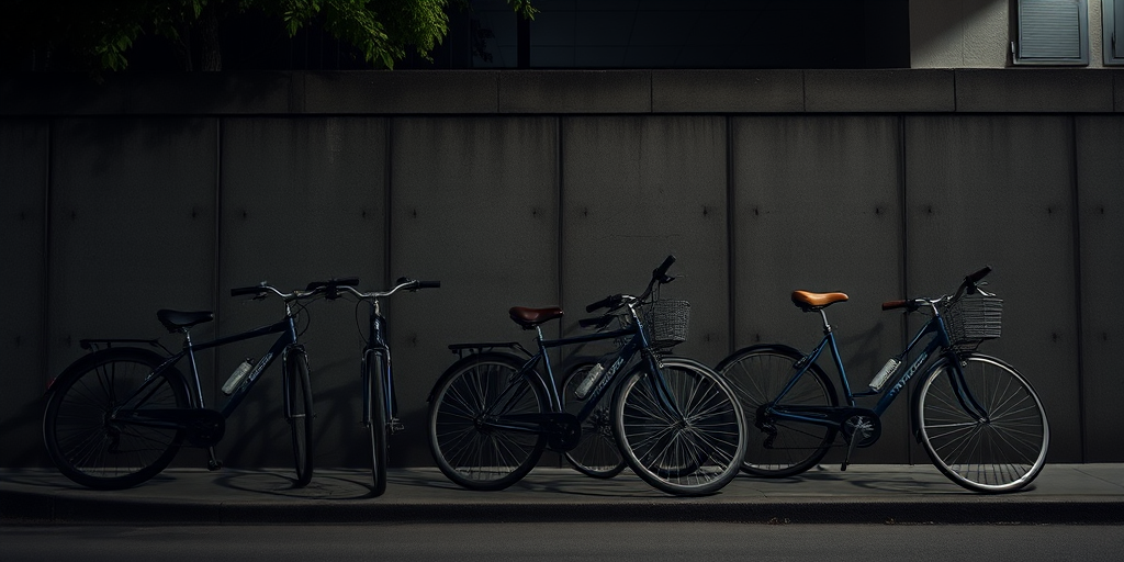 Create a nighttime urban scene of parked bicycles against a dimly lit wall with soft shadows, using a Canon EOS R5 camera with a 50mm lens, aperture set to f/1.8, ISO 400, and a shutter speed of 1/60 sec for enhanced depth and clarity.