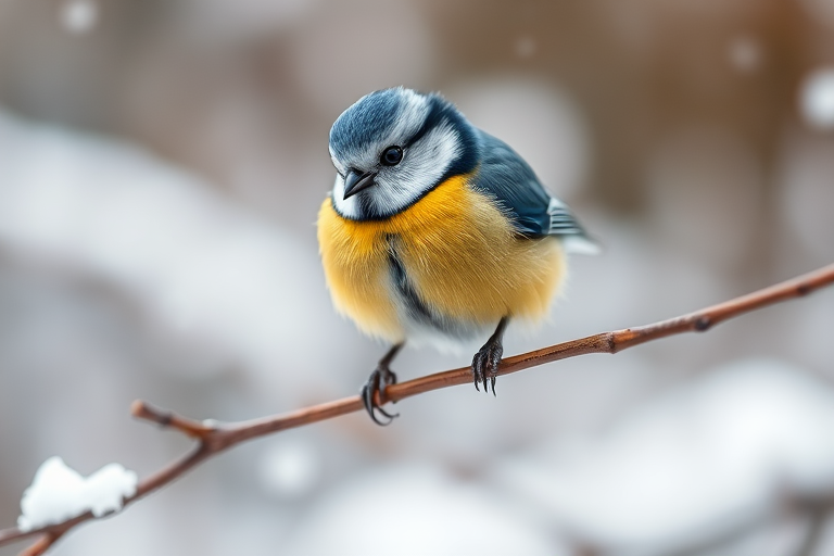 A close-up of a blue tit bird perched on a thin branch in a snowy landscape, with a shallow depth of field, taken with a Canon EOS 90D, 100mm lens, f/2.8 aperture, ISO 200, natural lighting, and a soft bokeh background to enhance details.