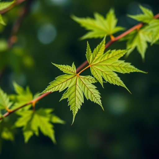 macro shot of green maple leaves with soft bokeh background, aperture f/2.8, shutter speed 1/200s, ISO 100, 50mm lens, natural soft lighting, DSLR camera