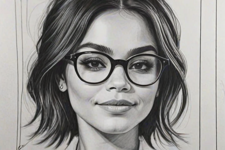 Radiant Vanessa Hudgens, pencil sketch, portrait of Superb woman 1960s in glasses, hair style beatnik, outline, clear lines, fine lines, 8k