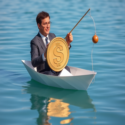 Generate an image of a businessman in a paper boat fishing for a large dollar coin in a calm blue water setting, captured with a DSLR camera at f/8, ISO 100, 50mm lens, using a bright and clear color palette for enhanced details and clarity.