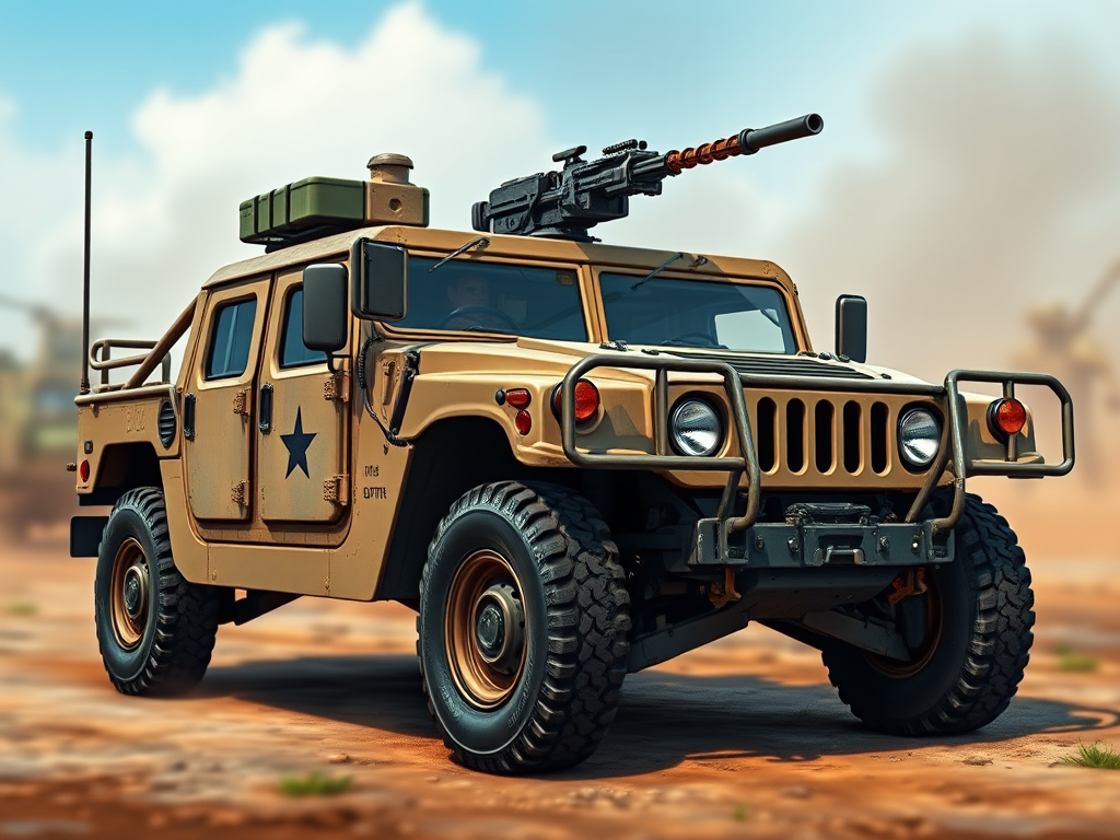 create a highly detailed illustration of a military Humvee with a mounted machine gun on top, set against a blurred battlefield background, using a DSLR camera at f/8, ISO 200, shutter speed 1/250s, captured from a low angle perspective to emphasize the vehicle's rugged features, in a realistic style with vibrant colors and sharp contrast.