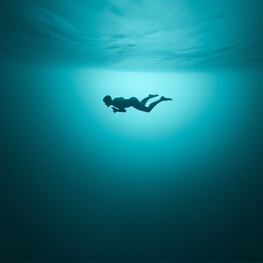 Create an image of a minimalist diving figure diving into water, captured with a DSLR camera at f/4, ISO 100, 1/500s, wide-angle view, high contrast, with a matte finish.