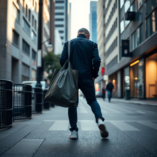 a person walking away carrying a large bag on a city street during the day, soft natural lighting, aperture f/4, shutter speed 1/250s, ISO 200, 50mm lens, DSLR camera, shot from a low angle to emphasize perspective and depth