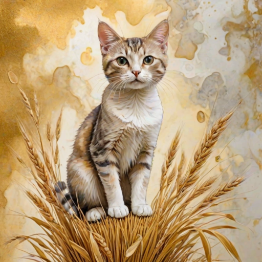 Soft, muted Alcohol Ink with ebru effect background image of tiny whimsical cat, who climbed high on the top of a golden rye ear.