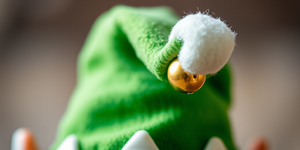 Create an image of a whimsical green elf hat with a white brim and a bell on the tip, camera settings: f/2.8 aperture, ISO 100, shutter speed 1/200s, capture view from a slight angle for depth, use a DSLR camera with a macro lens to enhance image quality.