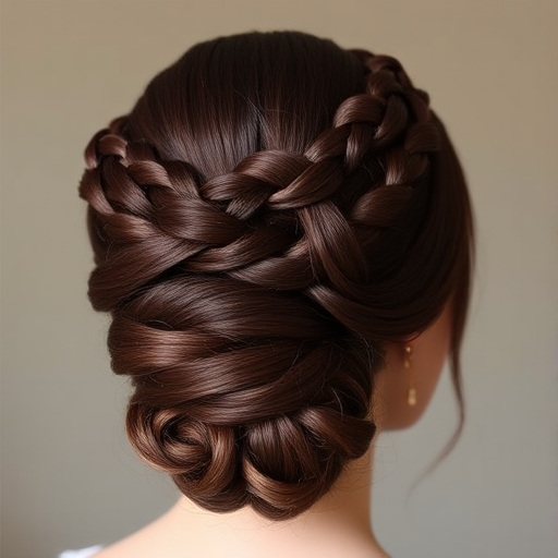 Rich mahogany brown hair styled in a sleek, low chignon with an intricate braided crown, embodying timeless elegance in the "Regal Empress" updo