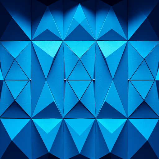Create a vibrant geometric pattern with various shades of blue triangles, shot with a Canon EOS R5 at f/8, ISO 100, and a 35mm lens in a top-down view for enhanced depth and clarity.