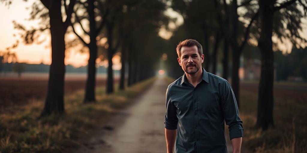 Portrait of a man walking down a dirt path surrounded by trees at dusk, natural light, depth of field, 50mm lens, f/2.8, ISO 200, shot with a DSLR in landscape orientation.