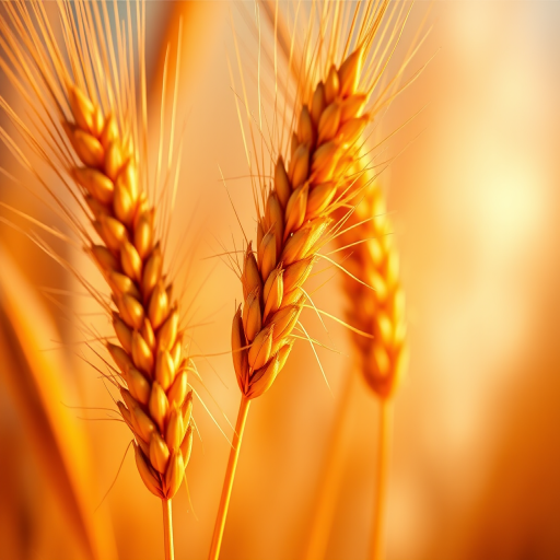 Create a high-resolution digital illustration of three golden wheat sheaves, vibrant colors, soft focus, ISO 100, f/2.8 aperture, 50mm lens, macro photography style.