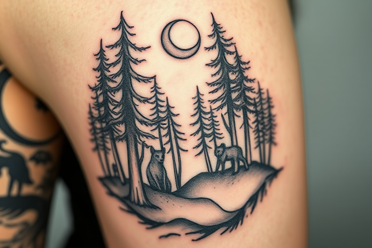 Intricate blackwork tattoo depicting a mystical forest scene with towering trees, hidden animals, and a crescent moon, featuring bold linework and dotwork shading to create depth and texture on pale skin