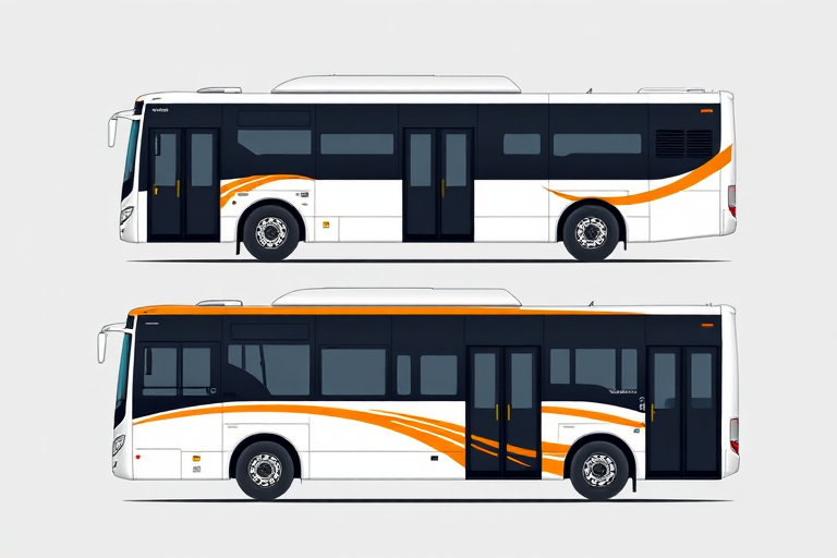 Create a highly detailed, high-resolution illustration of two distinct bus designs, top view and side view, using vector art style with clean lines and vibrant orange accents, captured with a Canon EOS R5, aperture f/8, ISO 100, at a focal length of 50mm, ensuring clear and professional quality for graphic design purposes.