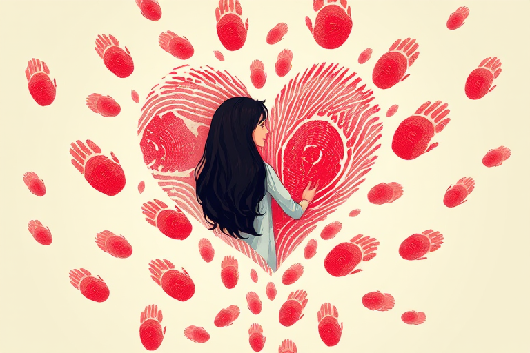 Create an illustration of a woman with long dark hair embracing herself, centered inside a large heart made of red fingerprints, using a digital art style, with high resolution and vibrant colors, simulating a smartphone camera with a 50mm lens, f/1.8 aperture, and soft focus.