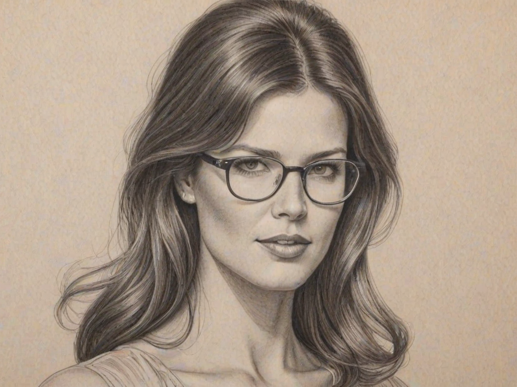 Exquisite Sarah Lancaster, pencil sketch, portrait of Gorgeous woman 1977s in glasses, hair style beatnik, outline, clear lines, fine lines, 8k