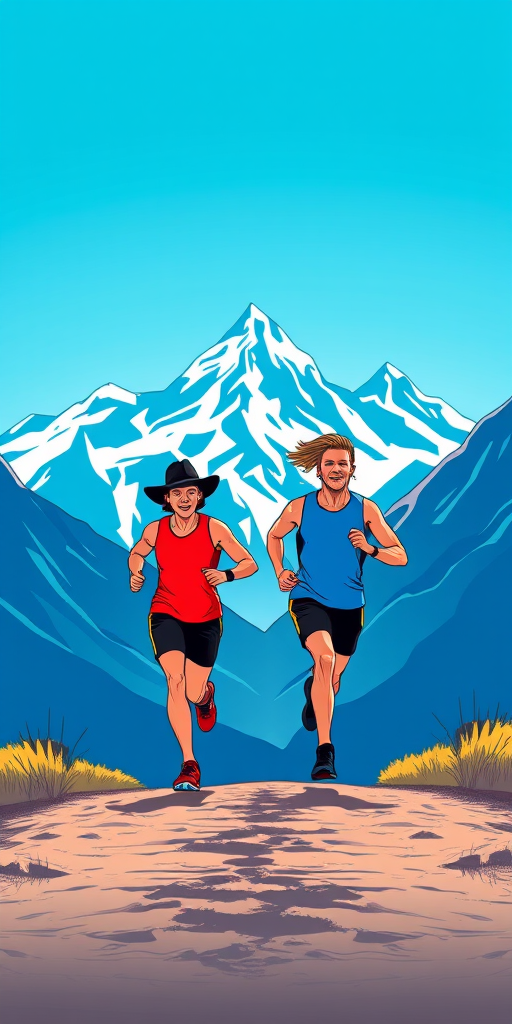 Create a vibrant graphic featuring two runners in a dynamic pose against a stylized mountain backdrop, capturing a bright blue sky, use a digital drawing style, with a high-resolution setting of 300 DPI, and a wide-angle view to enhance the composition.