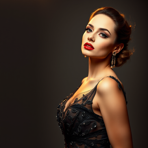 Studio portrait, female model, elegant couture dress, bold makeup, dramatic lighting, Shoot over the shoulder using a telephoto lens to focus on small details like jewelry, makeup, or fabric textures