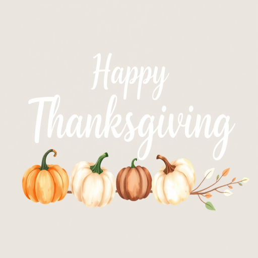 Create an image featuring the text Happy Thanksgiving in a beautiful cursive font with watercolor pumpkins in shades of orange green and white arranged in a line alongside delicate leaves and stems in soft pastel colors