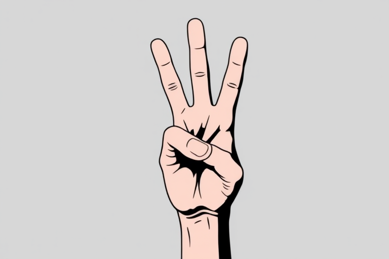 Create a high-contrast vector illustration of a hand making a three-finger gesture on a neutral gray background, use ISO 100, aperture f/8, 50mm lens, top-down view, digital art style with clean lines and smooth edges.