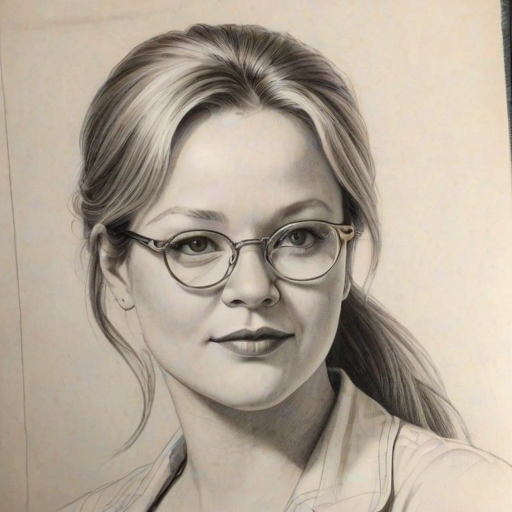 Delightful Caroline Rhea, pencil sketch, portrait of Beauteous woman 1972s in glasses, hair style beatnik, outline, clear lines, fine lines, 8k