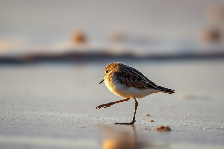 Capture a detailed close-up of a small shorebird standing on wet sand at sunrise, using a DSLR camera with a 100mm lens, aperture set to f/2.8, ISO 200, shutter speed of 1/500s, with natural lighting and a shallow depth of field to emphasize the bird against a soft, blurred background.