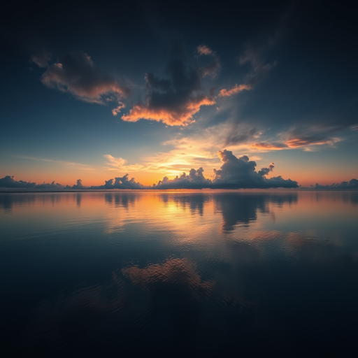 sunset over calm water with dramatic clouds reflected, use a Canon EOS 5D Mark IV, f/8 aperture, ISO 100, 1/125 sec shutter speed, wide-angle view, natural light, HDR photography style