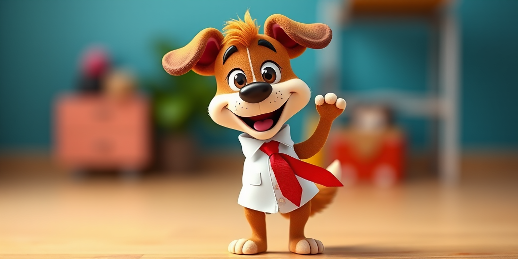 Create a high-resolution image of a happy cartoon dog with brown fur, wearing a white shirt and red tie, standing on two legs with a friendly wave, captured in bright colors, using a Canon EOS R5 camera with a 50mm lens, f/2.8 aperture, ISO 100, and a soft focus background for depth.