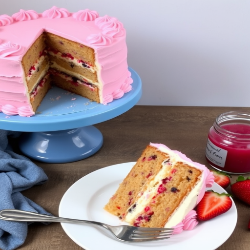 A beautifully decorated layer cake with pink and white frosting displayed on a blue cake stand next to a slice of the cake on a white plate, surrounded by fresh fruit and a jar of pink jam, with a fork resting nearby.