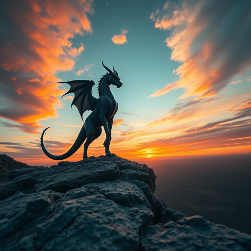 Generate a detailed image of a mythical creature standing majestically on a rocky cliff overlooking a vibrant sunset, captured with a Canon EOS R5, with a 35mm lens, aperture f/2.8, ISO 100, at a low angle perspective for enhanced depth and color richness.