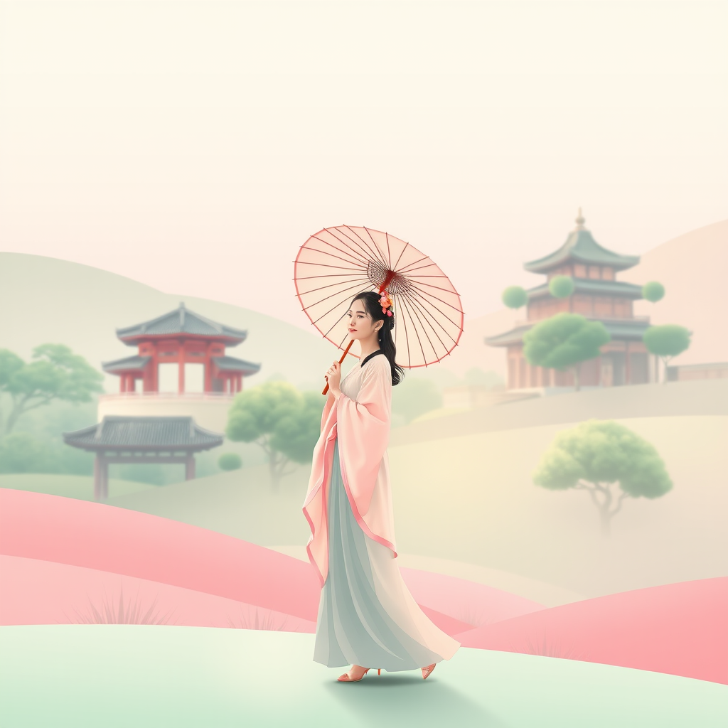 Create an illustration of a woman in a flowing pastel outfit holding a traditional umbrella, standing in a serene landscape with soft green and pink gradients, featuring elegant traditional buildings and trees in the background, Nikon D850, 50mm lens, f/1.8 aperture, soft focus effect, high-resolution.