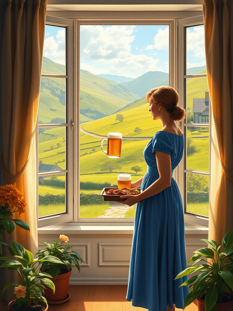 In "A Glass of Beer on the Highland," a serene scene is depicted in a sunlit room where a woman in a vibrant blue dress stands by a large window. She holds a tray with a hearty meal and a frothy glass of beer, embodying a moment of relaxation. Outside, the breathtaking highland landscape features rolling green hills and a charming traditional house, all bathed in warm afternoon light. The interior is adorned with potted plants, creating a harmonious blend of comfort and nature. The painting beautifully captures the tranquility and joy found in simple pleasures amidst stunning scenery