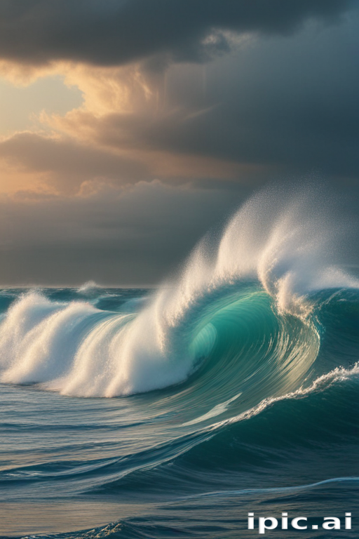 Majestic Ocean Waves Crashing Under a Dramatic Cloudy Sky at Sunset
