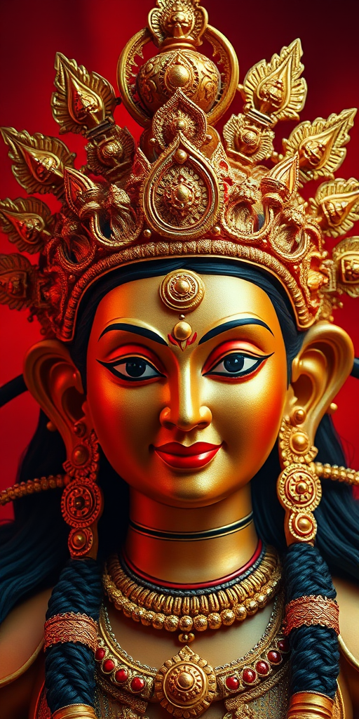 Regenerate the image of a multi-faced deity with intricate golden crowns, dramatic red and orange background, using a DSLR camera with a 50mm lens, f/1.8 aperture, ISO 100, and 1/200 sec shutter speed for sharp focus and vibrant colors.