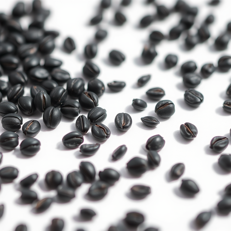 macro shot of black seeds on a white background, f/2.8 aperture, 100mm lens, ISO 100, natural sunlight, taken with a DSLR camera