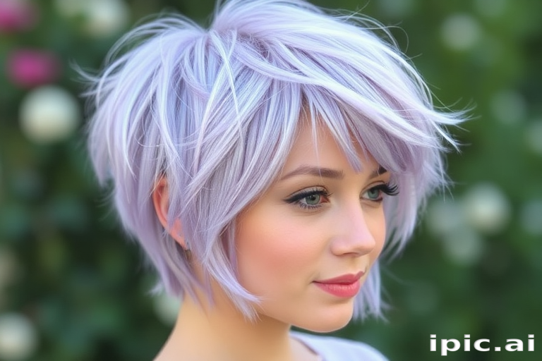 Pastel lavender pixie cut with soft, feathered layers and wispy bangs embodies the whimsical "Lilac Dream" style, incorporating delicate silver-white highlights that add a ethereal sheen to the textured crop, creating a fairytale-inspired look that exudes both playfulness and sophistication