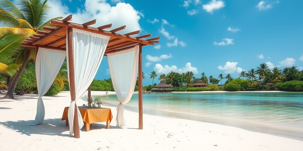 Create a picturesque tropical beach scene featuring a serene, white sandy shore. In the foreground, there's a rustic wooden canopy with white drapes gently flowing in the breeze. Underneath the canopy, a table is set with tropical decor, evoking a sense of relaxation and leisure. The beach extends into a calm, shallow water area with reflections of the sky and surroundings. Palm trees and lush greenery line the edge of the beach, providing a natural, tropical backdrop. The sky is clear with a few scattered clouds, and the overall atmosphere is tranquil and inviting, perfect for a peaceful retreat.