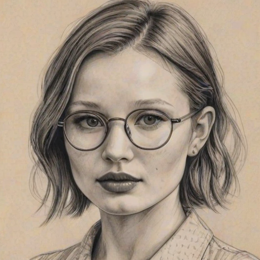 Attractive Emily Browning, pencil sketch, portrait of Lovely woman 1935s in glasses, hair style beatnik, outline, clear lines, fine lines, 8k