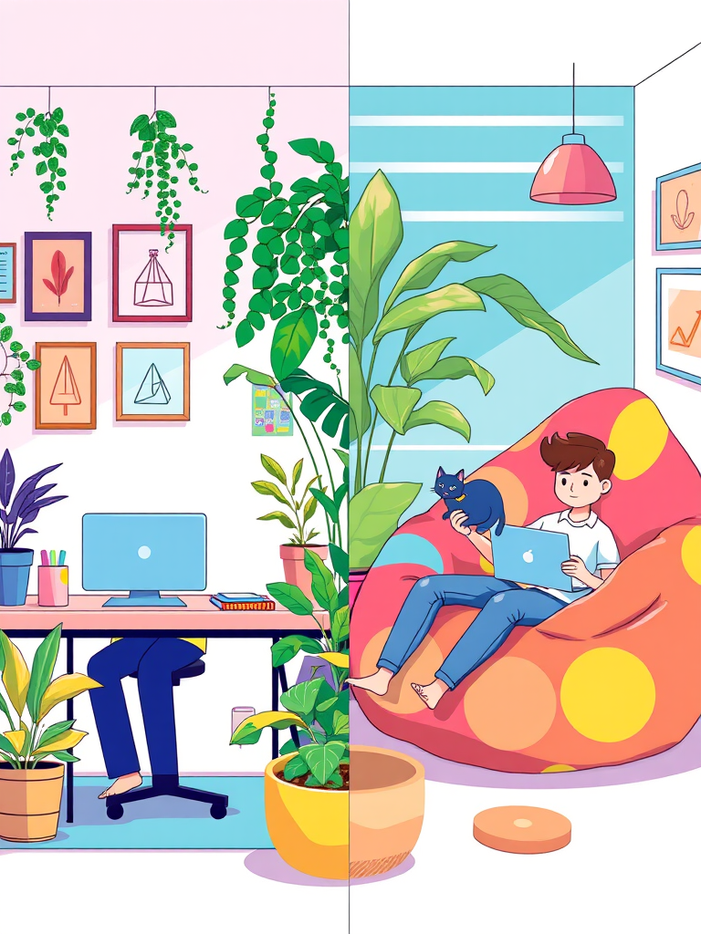 Generate a vibrant illustration of a split scene featuring a person working at a desk with a laptop on one side, surrounded by plants and wall art, and another person lounging in a colorful bean bag with a laptop and a cat on the other side, using a DSLR camera with a 50mm lens, f/2.8 aperture, ISO 200, and natural light for enhanced clarity and color.