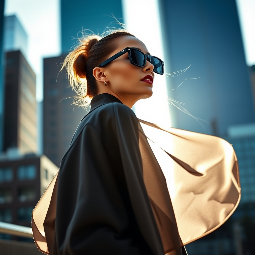 Cityscape backdrop, fashionable attractive model , wearing black shades, oversized coat, minimalist accessories, urban chic vibe, Shoot against a strong backlight using a 50mm f/1.2 lens to create a soft, silhouetted profile, highlighting the flow and transparency of the fabric