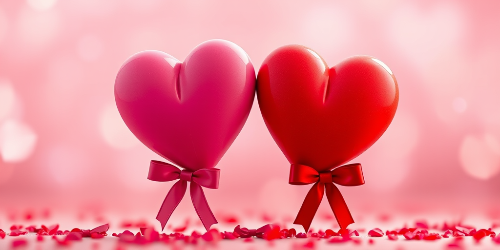 Create a vibrant digital illustration of two hearts, one pink and one red, each adorned with a bow at the base, with a soft-focus background to enhance depth; use a Canon EOS R5 with a 50mm f/1.2 lens, aperture set to f/2.8, ISO 100, and a view from slightly above to capture a warm, inviting atmosphere.