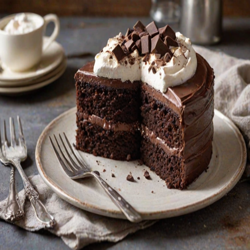 Create an image of a slice of rich chocolate cake with multiple layers of chocolate frosting and white cream filling. The cake should be presented on a rustic metal plate, with a fork resting beside it. Include a soft background with a hint of dessert ingredients like marshmallows or chocolate chips. The lighting should be warm and inviting, highlighting the textures of the cake.