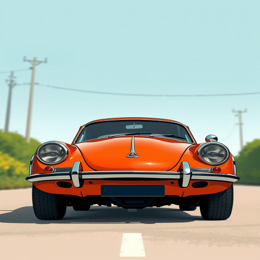 Create a high-resolution illustration of an orange vintage car, viewed from a slightly elevated angle, with a focus on vibrant colors and clear lines, using a digital drawing style, 300 dpi, medium format camera settings, f/8 aperture, 1/125s shutter speed.