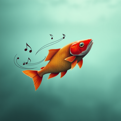 Create an image of three stylized fish swimming in a line, with one fish in red and the others in shades of brown, featuring dynamic movement and musical notes around them, using a DSLR camera with a 50mm lens, f/1.8 aperture, ISO 200, soft lighting, and a slight underwater perspective.