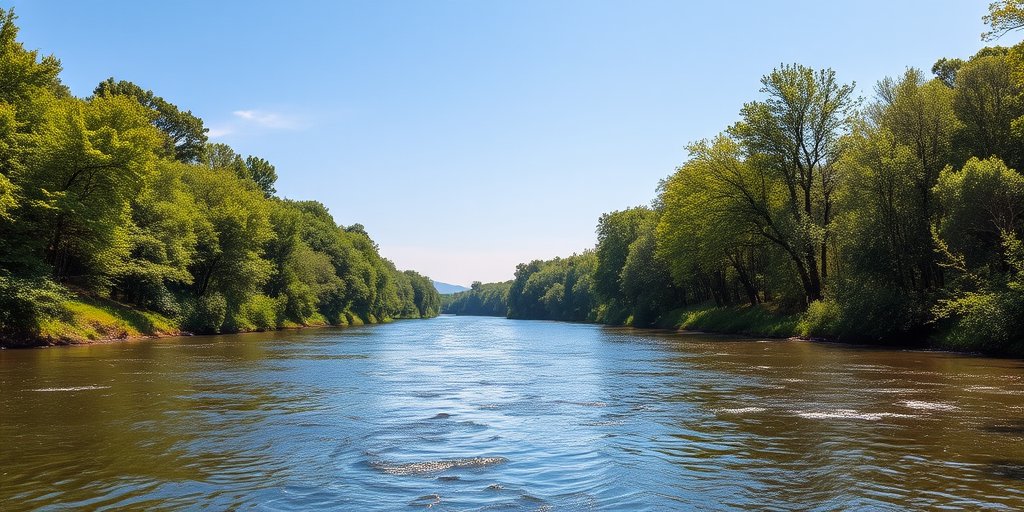Capture a high-resolution landscape photograph of a serene river scene with lush green trees and a clear blue sky, using a DSLR camera set to ISO 200, aperture of f/8, 1/125 sec shutter speed, in a wide-angle view to emphasize the natural beauty and depth of the environment.