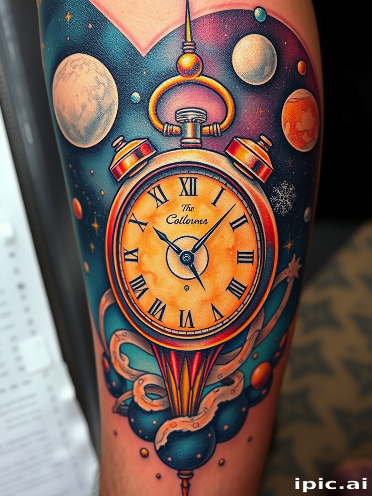 Surrealist tattoo blending dreamlike elements into a cosmic landscape, Salvador Dali-inspired melting clocks floating among celestial bodies, otherworldly color palette with metallic accents