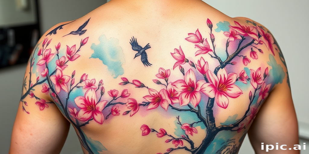 Vibrant watercolor tattoo spanning across the back, depicting a lush forest scene with blooming cherry blossoms and soaring birds, featuring soft pastel hues and delicate brushstrokes that create a dreamy ethereal effect