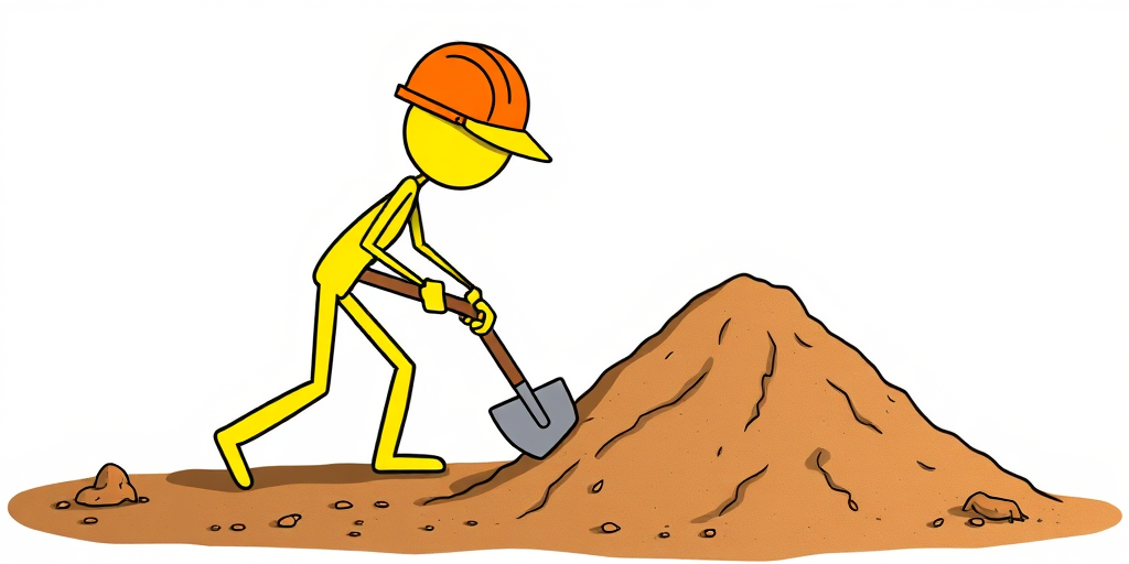 Create an illustration of a stick figure, depicted in bright yellow, wearing an orange hard hat, actively digging with a shovel into a pile of dirt, captured with a DSLR camera at f/8 aperture, ISO 100, and a shutter speed of 1/250 sec, from a slightly elevated angle, using vibrant colors and clean lines for clarity.