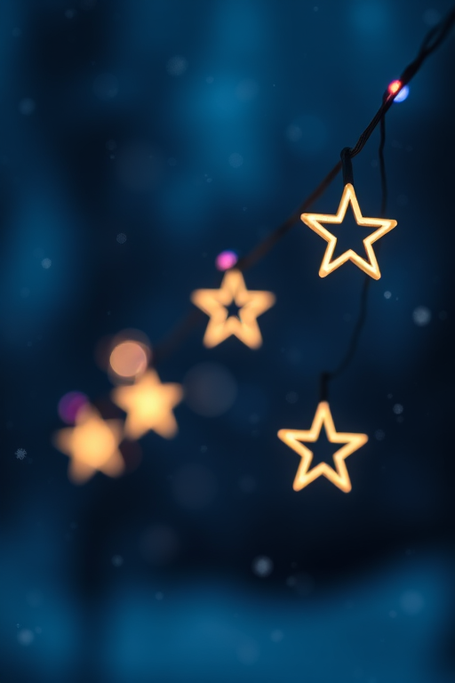 Generate an image of a nighttime scene with soft bokeh lights in the background. Include string lights shaped like stars, softly glowing against a dark blue backdrop. Add a gentle snowfall effect to enhance the magical atmosphere.