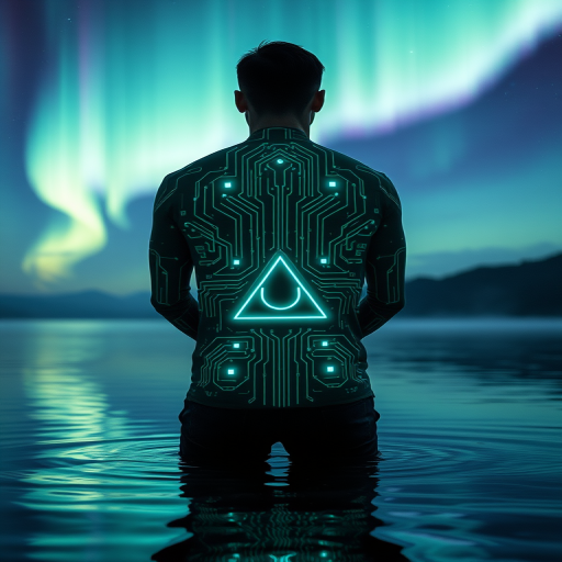 Regenerate an image of a person standing in water, facing away, with glowing circuitry designs on their back, a triangular symbol, and a colorful aurora borealis in the sky above, shot with a DSLR camera at f/2.8, ISO 100, 35mm lens, with a long exposure to enhance the colors and details.