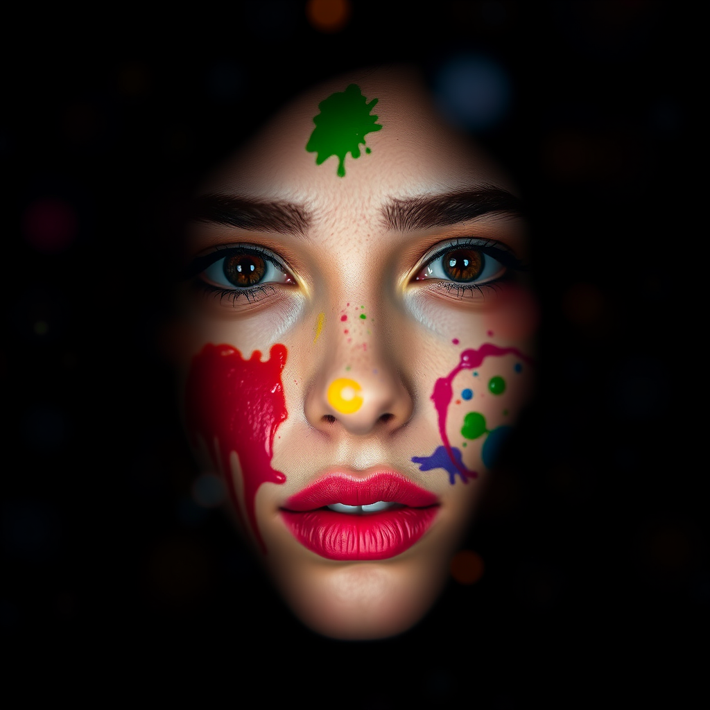 Create a high-resolution artistic portrait of a female face emerging from a dark background, showcasing colorful paint splashes on her skin with a dreamy bokeh effect, using a Canon EOS R5 with an 85mm f/1.2 lens, aperture set to f/1.2, ISO 100, shutter speed 1/200, in soft lighting for dramatic contrast.